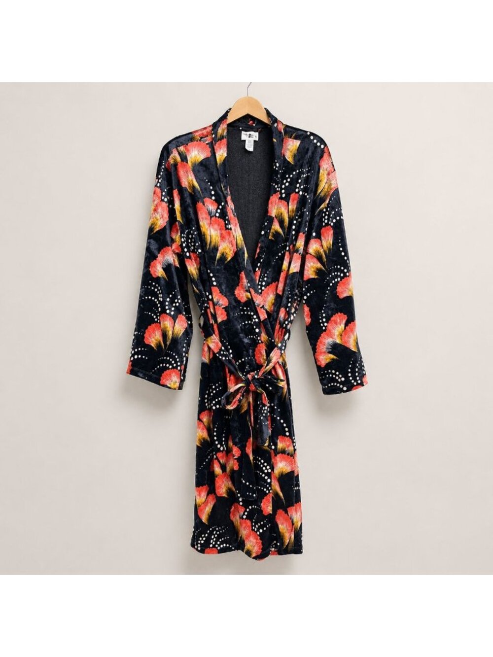 World Market Floral Kimono Robe Cover Up One Size Black Velvet Feel
